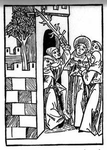 La leyenda de San Brendan (Brandan), héroe y santo irlandés del siglo VI. Uno de los monjes es encarcelado. Grabado de "Die Wunderbare Meerfahrt des Hl. Brandan." Bale de Swiss School