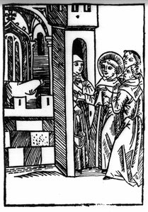 La leyenda de San Brendan (Brandan), héroe y santo irlandés del siglo VI. Uno de los monjes roba un cáliz. Grabado de “Die Wunderbare Meerfahrt des Hl. Brandan”. Bale de Swiss School