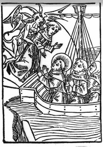 La leyenda de San Brendan (Brandan), héroe y santo irlandés del siglo VI. La oración de San Brendan salva al monje pecador. Grabado de “Die Wunderbare Meerfahrt des Hl. Brandan”. Bale