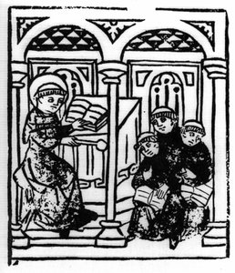 La leyenda de San Brendan (Brandan), héroe y santo irlandés del siglo VI. El santo relata las maravillas del mar a sus compañeros del monasterio. Grabado de "Die Wunderbare Meerfahrt des Hl. Brandan." Bale de Swiss School
