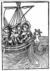 La leyenda de San Brendan, héroe y santo irlandés del siglo VI. El encuentro de San Brendan con la sirena. Grabado de "Die Wunderbare Meerfahrt des Hl. Brandan". Bale