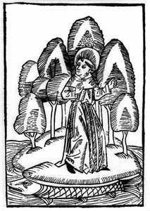 La leyenda de San Brendan (Brandan), héroe y santo irlandés del siglo VI. El santo está en un bosque sobre el lomo de un pez. Grabado de “Die Wunderbare Meerfahrt des Hl. Brandan”. Bale de Swiss School