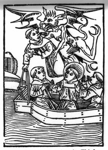 La leyenda de San Brendan (Brandan), héroe y santo irlandés del siglo VI. El diablo se lleva al monje ladrón. Grabado de 