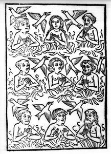 La leyenda de San Brendan (Brandan), héroe y santo irlandés del siglo VI: Los fuegos del Purgatorio y los pájaros de fuego. Grabado de "Die Wunderbare Meerfahrt des Hl. Brandan". Bale de Swiss School