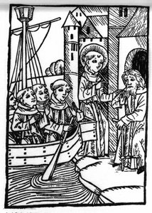 La leyenda de San Brendan (Brandan), héroe y santo irlandés del siglo VI. El santo se encuentra con el antiguo Haylbray y entiende que ha regresado a Escocia. Grabado de “Die Wunderbare Meerfahrt des Hl. Brandan.” Bale