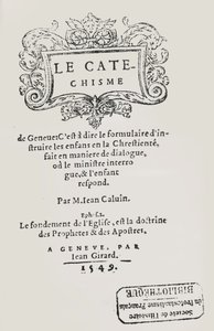 Página de título del Catecismo de Juan Calvino, publicado en Ginebra, 1549