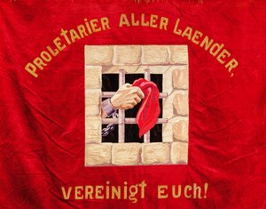 Bandera sindical instando a los proletarios de todos los países a unirse de Swiss School