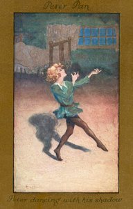Peter Pan: Peter bailando con su sombra (litografía en color) de Sybil Barham