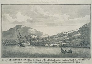 El Capitán Cook, habiendo naufragado en su viaje alrededor del mundo, repara el Endeavour en un puerto de una de las Islas de la Esperanza, c.1786 (grabado)