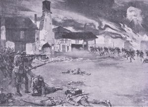 Lucha callejera en la frontera franco-alemana: Un ataque francés a la guardia prusiana, de Historia de la Gran Guerra Vol 3 publicado por Waverley Book Co Limited, c.1920