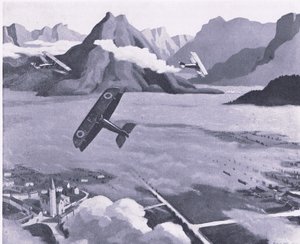 Exploradores británicos saliendo de su aeródromo en patrulla sobre el Plateau de Asiago, Italia, de Aventura Británica publicado por Collins, 1947