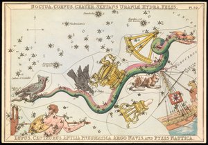 Noctua, Corvus, Crater, Sextans Uraniae, Hydra, Felis, Lupus, Centaurus, Antilia Pnuematica, Argo Navis y Pysix Nautica, c.1825 (cartulina, papel, tejido)