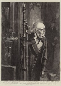 El proyecto de ley de franquicia femenina, el Sr. Gladstone escuchando los números de la lista de división desde detrás de la silla del orador de Sydney Prior (after) Hall