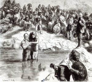 Un bautismo de indios norteamericanos - Mormones posando como apóstoles de Cristo, 1892