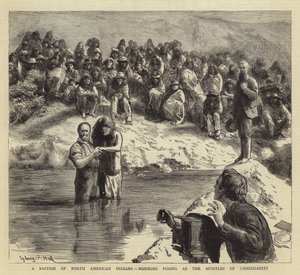 Un bautismo de indios norteamericanos, mormones posando como los apóstoles del cristianismo