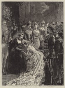 Una presentación a Su Majestad en un reciente salón de dibujo de Sydney Prior Hall