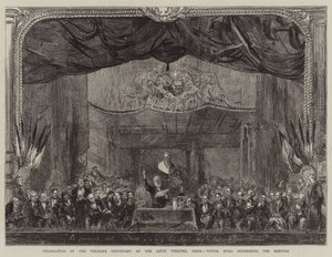 Celebración del Centenario de Voltaire en el Teatro Gaite, París, Victor Hugo dirigiéndose a la reunión
