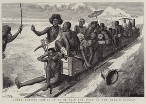 Egipto, nativos llegando para ser pagados por el trabajo en el ferrocarril de Suakim de Sydney Prior Hall