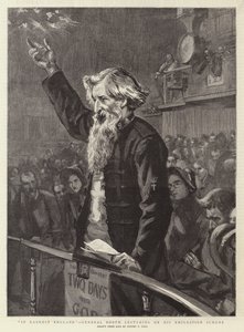 En la Inglaterra Más Oscura, el General Booth dando una conferencia sobre su Esquema de Emigración de Sydney Prior Hall
