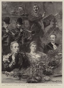 Lord Rosebery levantándose para hablar en el banquete del alcalde en el Guildhall de Sydney Prior Hall