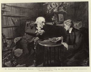 El Sr. Gladstone en Hawarden, jugando una partida de backgammon con su hijo, el reverendo Stephen Gladstone de Sydney Prior Hall