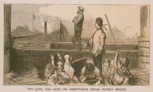 Reminiscencias de una carrera de botes de Oxford y Cambridge: ¡Demasiado tarde, demasiado tarde! No hay admisión por encima del Puente Putney de Sydney Prior Hall