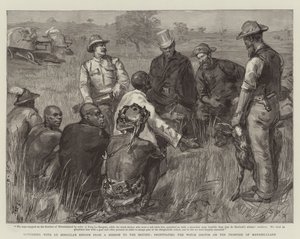 Regresando con los enviados de Lo Bengula de una misión a los británicos, propiciando al curandero en la frontera de Matabeleland de Sydney Prior Hall