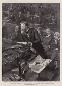 Sir Michael Hicks-Beach, el Canciller del Exchequer, dando su Discurso del Presupuesto de Sydney Prior Hall