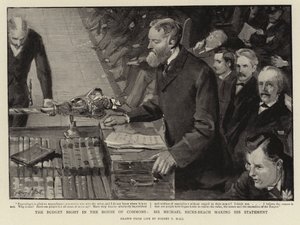 La noche del presupuesto en la Cámara de los Comunes, Sir Michael Hicks-Beach haciendo su declaración de Sydney Prior Hall