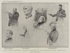 El Congreso de la Iglesia, bocetos de retratos en las reuniones en el Albert Hall de Sydney Prior Hall