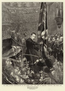 La demostración lealista irlandesa en el Albert Hall, el Duque de Abercorn plantando la Union Jack de Sydney Prior Hall