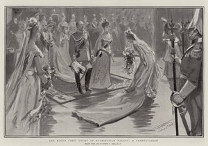 La primera corte del rey en el Palacio de Buckingham, una presentación de Sydney Prior Hall