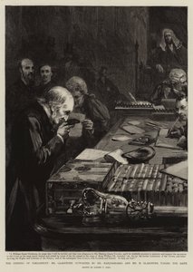 La apertura del Parlamento, el Sr. Gladstone, apoyado por el Sr. Marjoribanks y el Sr. H. Gladstone, prestando juramento de Sydney Prior Hall