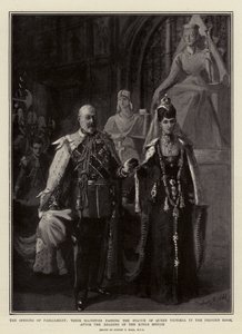 La Apertura del Parlamento, Sus Majestades pasando la Estatua de la Reina Victoria en la Sala del Príncipe, después de la Lectura del Discurso del Rey