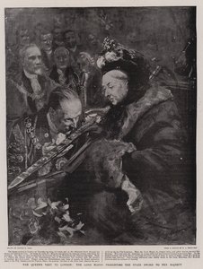 La visita de la reina a Londres, el alcalde presentando la espada estatal a Su Majestad de Sydney Prior Hall