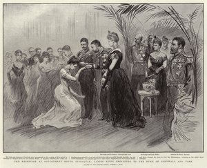 La recepción en la Casa de Gobierno, Gibraltar, damas presentadas al Duque de Cornualles y York de Sydney Prior Hall