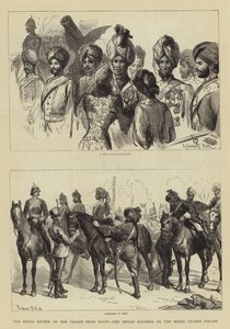La revisión real de las tropas de Egipto, los soldados indios en el desfile de Horse Guards de Sydney Prior Hall
