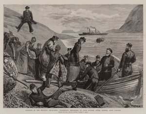Turistas en las Tierras Altas Occidentales, Pasajeros embarcando en Loch Scavaig después de visitar Loch Coruisk de Sydney Prior Hall