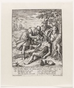 El buen samaritano atiende las heridas del viajero robado Parábola del Buen Samaritano (título de la serie) de Symon Novelanus