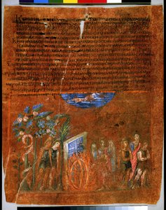 Página completa: texto y miniatura: Dios maldiciendo a la serpiente y la primera pareja humana (miniatura sobre pergamino) de Syrian School