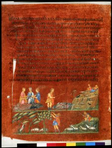 Página completa: texto y miniatura: Labán entregando la oveja negra a sus hijos (miniatura) de Syrian School