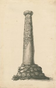 Wolverhampton - Pilar sajón en el cementerio de la Iglesia de San Pedro: dibujo en sepia, nd [finales del siglo XVIII] de T Carter