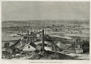 Vista general de las minas de Sandhurst, grabado según un dibujo de Taylor, para ilustrar la historia seis meses en Australia, por Désiré Charnay, misión encargada por el Ministerio de Educación Pública, en 1878, publicado en Le tour du monde, bajo la dire de T Taylor
