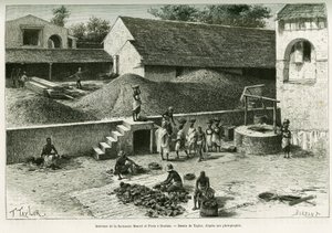 Dentro de la factoría Maurel y Prom, en Boulam, recolecta y procesamiento de cacahuetes, almendra de palma y caucho. Grabado por Taylor, después de una fotografía, para ilustrar la historia Viaje en la Senegambia y la Guinea portuguesa, en 1888, por el Cap de T Taylor