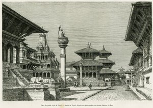 Plaza del Palacio Real de Patan (actual Lalitpur). Grabado por Taylor para ilustrar la historia Voyage au Nepal, por el Dr. Gustave Le Bon (1841-1931), en le tour du monde 1886, dirigido por Edouard Charton (1807-1890), Hachette, París.