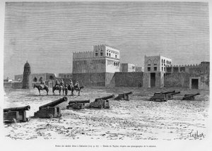 Palacio del jeque Aissa en Bahréin, Chad. Grabado de Taylor para ilustrar la historia A Suse, diario de los excavadores.