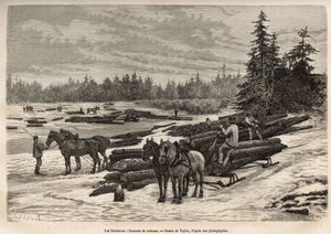 El descenso de las balsas en Ontario, los leñadores descargan los troncos cortados y los instalan en el río helado, luego durante el deshielo, los troncos serán llevados por la corriente al lugar donde serán descargados y transformados, grabado según un di