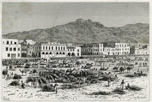 La marcha de Adén (Yemen). Grabado de Taylor, para ilustrar la historia "Viaje a Benadir, Somalíes y Bayoun" en 1882-1883, por M.G. Revoil. Publicado en Le Tour du monde, nuevo diario de viajes. de T Taylor