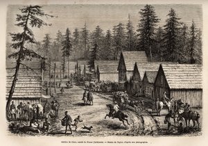 La estación de Cisco, Condado de Placer (Nevada), donde se puede tomar el tren expreso del Ferrocarril del Pacífico (Pacific Railway), grabado después del dibujo de Taylor, ilustrando el viaje de Washington a San Francisco en 1868, por L. Simonin, publicad