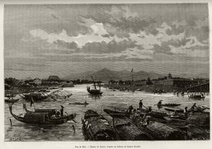 Vista de Hue (Vietnam), con descripción de la navegación en el río Song Huong y la Pagoda Thien Mu. Grabado por Taylor, para ilustrar la historia “Treinta meses en Tonkín” de Dr. Charles Edouard Hocquard (1885)